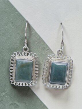 💚 Sterling Silver Chrysoprase Filigree Earrings Vintage